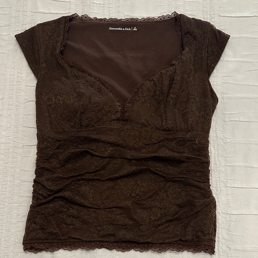 Abercrombie & Fitch Dark Brown Lace Cap-Sleeve Tee